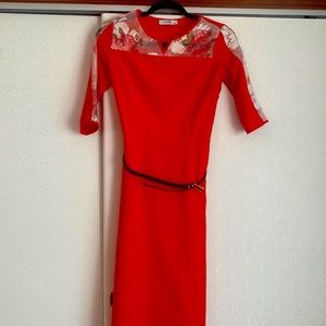 straight bright pink floral mid sleeve, modest dress